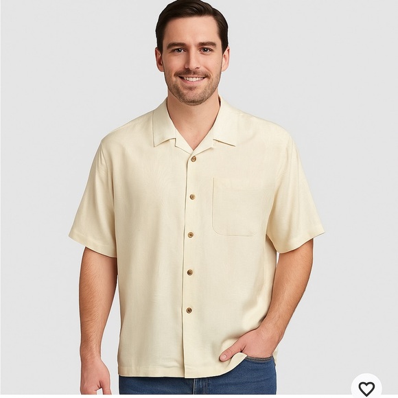 Jamaica Jaxx Cream 100% Silk Hawaiian Shirt Palm Leaf Jacquard Print Large - Picture 1 of 9